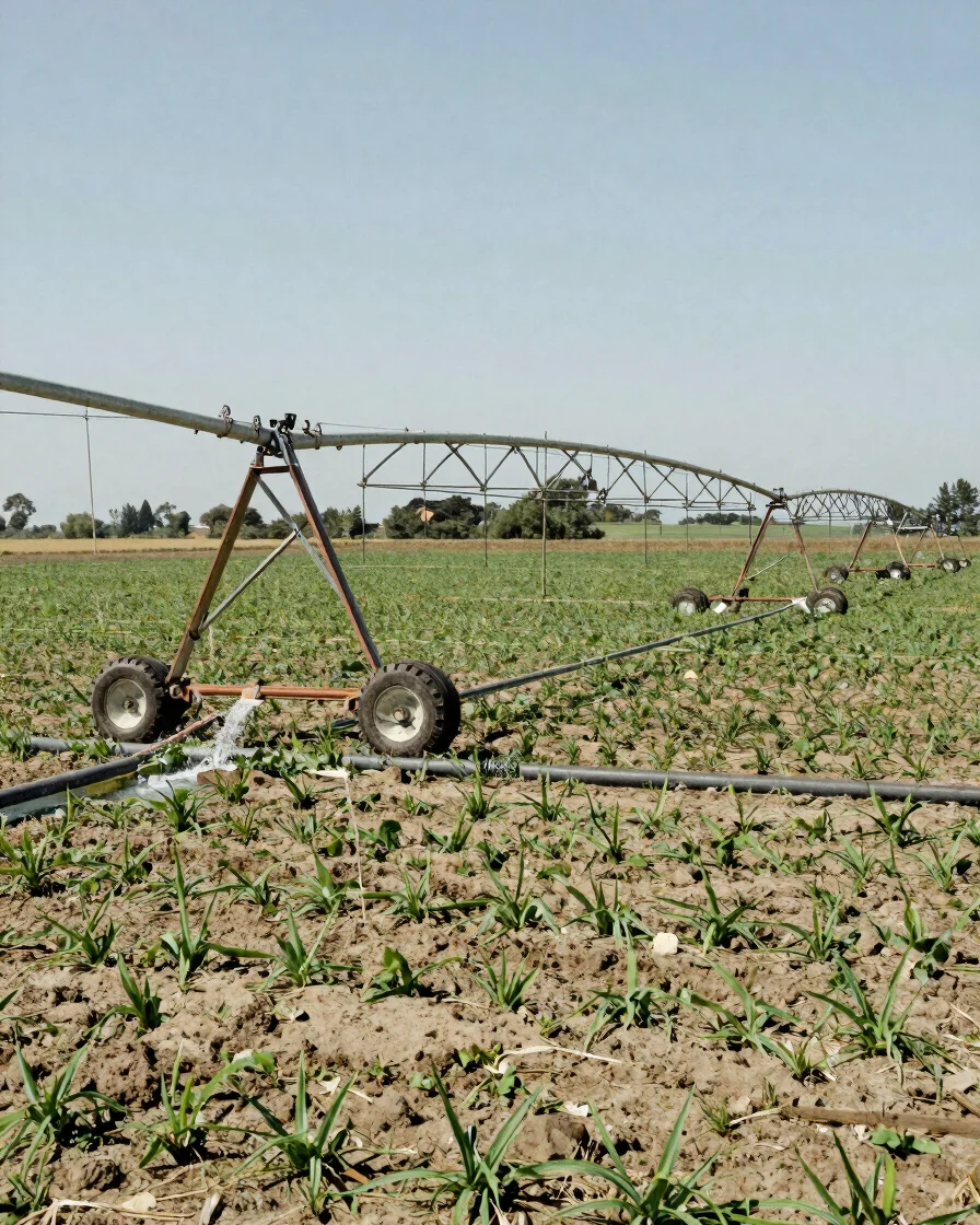 Documentary wide view of agricultural irrigation equipment in use across a crop field, water moving along pipe runs, cle