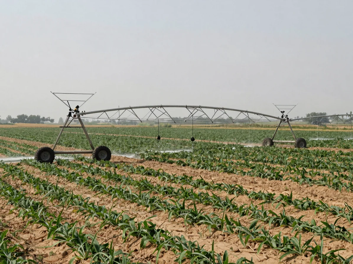 Natural daylight documentary wide view of agricultural irrigation equipment in use across a crop field, water moving alo