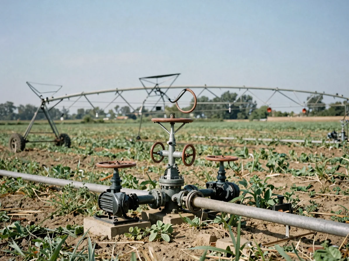 Close documentary detail of agricultural irrigation pump and pipe assembly in a field setting, natural clear daylight, r